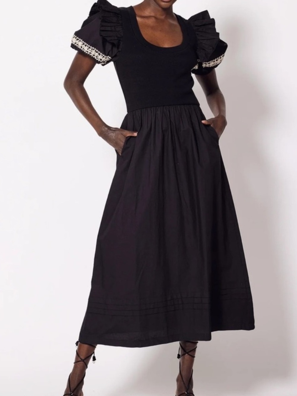 Cleobella Black Midi Dress-Skirt with Puff Sleeves NWT